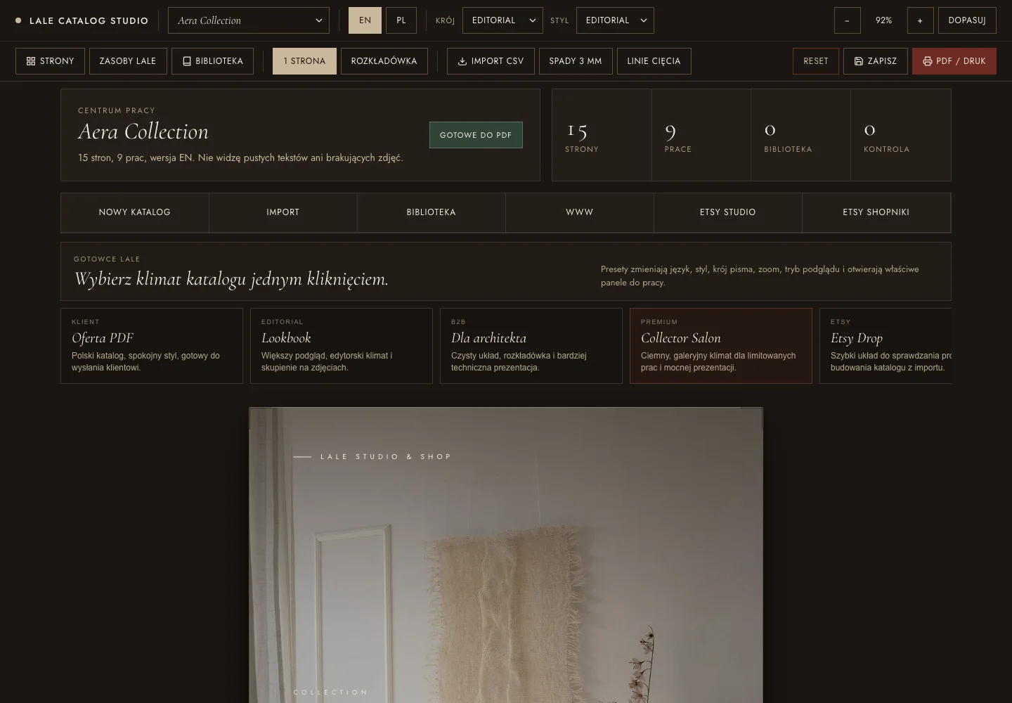 Ekran działającej aplikacji Lale Catalog Creator